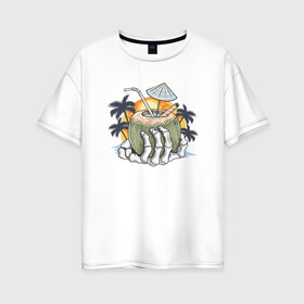 Женская футболка хлопок Oversize с принтом Тропический коктейль в Новосибирске, 100% хлопок | свободный крой, круглый ворот, спущенный рукав, длина до линии бедер
 | beach | palm | sea | summer | волны | жара | коктейль | летние | лето | море | пальмы | пляж | тропический