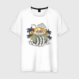 Мужская футболка хлопок с принтом Тропический коктейль в Новосибирске, 100% хлопок | прямой крой, круглый вырез горловины, длина до линии бедер, слегка спущенное плечо. | Тематика изображения на принте: beach | palm | sea | summer | волны | жара | коктейль | летние | лето | море | пальмы | пляж | тропический