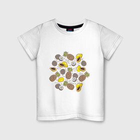 Детская футболка хлопок с принтом ананас папайя кокос в Новосибирске, 100% хлопок | круглый вырез горловины, полуприлегающий силуэт, длина до линии бедер | ананас | ананасик | веган | вегетарианец | вегетарианство | здоровое питание | кокос | надписи | папайя | папая | рисунок | фрукты | фруторианец | фруторианство | экзотические