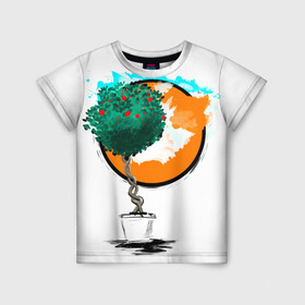 Детская футболка 3D с принтом Дерево (рисунок красками) в Новосибирске, 100% гипоаллергенный полиэфир | прямой крой, круглый вырез горловины, длина до линии бедер, чуть спущенное плечо, ткань немного тянется | Тематика изображения на принте: дерево | зеленый | зелень | искусство | краски | оранжевый | пейзаж | растение | рисунок | современный дизайн | современный стиль | солнце
