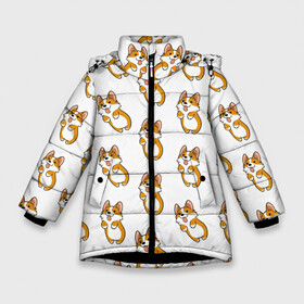 Зимняя куртка для девочек 3D с принтом Собаки | Корги в Новосибирске, ткань верха — 100% полиэстер; подклад — 100% полиэстер, утеплитель — 100% полиэстер. | длина ниже бедра, удлиненная спинка, воротник стойка и отстегивающийся капюшон. Есть боковые карманы с листочкой на кнопках, утяжки по низу изделия и внутренний карман на молнии. 

Предусмотрены светоотражающий принт на спинке, радужный светоотражающий элемент на пуллере молнии и на резинке для утяжки. | голубая | корги | косточки | пес | псина | собаки | собачки | щенки