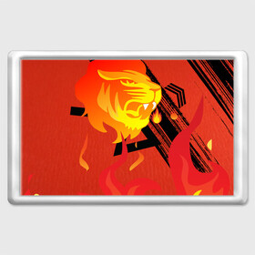 Магнит 45*70 с принтом Огненный лев в Новосибирске, Пластик | Размер: 78*52 мм; Размер печати: 70*45 | Тематика изображения на принте: красный | лев | линии | огненный | огонь | пламя | рисунки