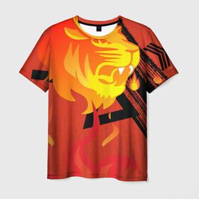 Мужская футболка 3D с принтом Огненный лев в Новосибирске, 100% полиэфир | прямой крой, круглый вырез горловины, длина до линии бедер | красный | лев | линии | огненный | огонь | пламя | рисунки