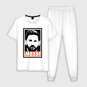 Мужская пижама хлопок с принтом Obey Messi в Новосибирске, 100% хлопок | брюки и футболка прямого кроя, без карманов, на брюках мягкая резинка на поясе и по низу штанин
 | argentina | barca | barcelona | football | lionel | messi | spain | sport | аргентина | барса | барселона | гол | золотой мяч | игрок | испания | камп ноу | лионель | месси | мяч | спорт | тренер | футбол | чемпион | чемпионат