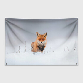 Флаг-баннер с принтом Лисица прыгает по снегу в Новосибирске, 100% полиэстер | размер 67 х 109 см, плотность ткани — 95 г/м2; по краям флага есть четыре люверса для крепления | fox | foxy | животное | звери | лиса | лисенок | лисичка | милая | рыжая | фокс