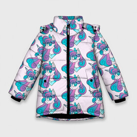 Зимняя куртка для девочек 3D с принтом Пони узор в Новосибирске, ткань верха — 100% полиэстер; подклад — 100% полиэстер, утеплитель — 100% полиэстер. | длина ниже бедра, удлиненная спинка, воротник стойка и отстегивающийся капюшон. Есть боковые карманы с листочкой на кнопках, утяжки по низу изделия и внутренний карман на молнии. 

Предусмотрены светоотражающий принт на спинке, радужный светоотражающий элемент на пуллере молнии и на резинке для утяжки. | Тематика изображения на принте: my little pony | весёлая пинки пай | добрая флаттершайн | дружба это чудо | единорог | единороги | май литл пони | мульт | мультфильм | радуга дэш | селестия | спайк | сумеречная искорка | честная эплджек