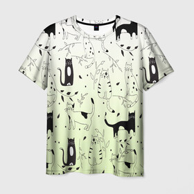 Мужская футболка 3D с принтом узор простые рисунки котов в Новосибирске, 100% полиэфир | прямой крой, круглый вырез горловины, длина до линии бедер | ветеринару | градиент | коты | котята | кошатнику | кошки | любителю кошек | мило | минимализм | мяу | примитив | рисованные котики | рисунок