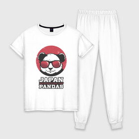 Женская пижама хлопок с принтом Japan Kingdom of Pandas в Новосибирске, 100% хлопок | брюки и футболка прямого кроя, без карманов, на брюках мягкая резинка на поясе и по низу штанин | art | japanese | panda | retro look | style | vintage look | арт | винтаж | винтажный стиль | кингдом | королевство | королевство панд | крутая панда в очках | панда | пандочка | ретро стиль | рисунок панды | япония | 