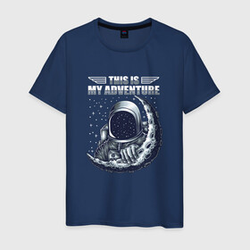 Мужская футболка хлопок с принтом Космонавт и луна в Новосибирске, 100% хлопок | прямой крой, круглый вырез горловины, длина до линии бедер, слегка спущенное плечо. | adventure | cosmonaut | cosmos | moon | space | астронавт | звезды | космонавт | космос | луна