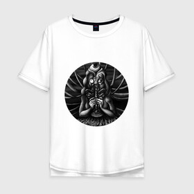 Мужская футболка хлопок Oversize с принтом Адская флейта в Новосибирске, 100% хлопок | свободный крой, круглый ворот, “спинка” длиннее передней части | Тематика изображения на принте: мрачное | музыка | страшное | сюрреализм | ужасы | флейта