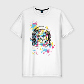 Мужская футболка хлопок Slim с принтом Космокот в Новосибирске, 92% хлопок, 8% лайкра | приталенный силуэт, круглый вырез ворота, длина до линии бедра, короткий рукав | астронавт | вселенная | кляксы | космонавт | космонавтика | космос | краска | полёт | разноцветный | скафандр | шлем