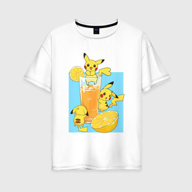Женская футболка хлопок Oversize с принтом Пикачу в лимонаде в Новосибирске, 100% хлопок | свободный крой, круглый ворот, спущенный рукав, длина до линии бедер
 | anime | picachu | pikachu | аниме | красная шапочка | милый | пика | пикачу | покебол | покемон