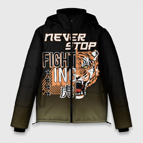 Мужская зимняя куртка 3D с принтом FIGHT TIGER тигр боец в Новосибирске, верх — 100% полиэстер; подкладка — 100% полиэстер; утеплитель — 100% полиэстер | длина ниже бедра, свободный силуэт Оверсайз. Есть воротник-стойка, отстегивающийся капюшон и ветрозащитная планка. 

Боковые карманы с листочкой на кнопках и внутренний карман на молнии. | fight | mma | tiger | битва | боец | бойцы | мма | тигр | тигры
