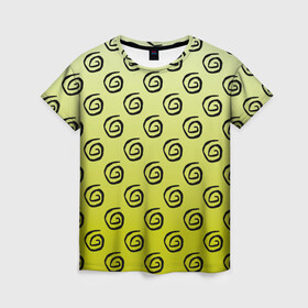 Женская футболка 3D с принтом узор спиральки на желтом фоне в Новосибирске, 100% полиэфир ( синтетическое хлопкоподобное полотно) | прямой крой, круглый вырез горловины, длина до линии бедер | геометрия | градиент | желтый фон | загогулины | закарлючки | закорлючки | лето | солнце | спираль | спиральки | тренд | узор
