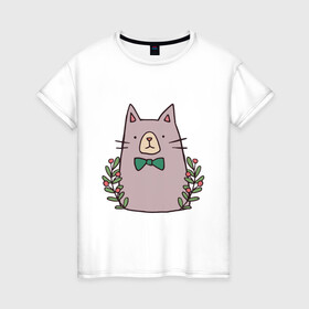 Женская футболка хлопок с принтом торжественный кот в Новосибирске, 100% хлопок | прямой крой, круглый вырез горловины, длина до линии бедер, слегка спущенное плечо | акварель | бабочка | бантик | галстук | животные | звери | кот | котейка | рисунок | торжественный