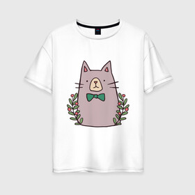 Женская футболка хлопок Oversize с принтом торжественный кот в Новосибирске, 100% хлопок | свободный крой, круглый ворот, спущенный рукав, длина до линии бедер
 | акварель | бабочка | бантик | галстук | животные | звери | кот | котейка | рисунок | торжественный