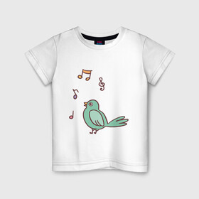 Детская футболка хлопок с принтом птичка зеленая поет в Новосибирске, 100% хлопок | круглый вырез горловины, полуприлегающий силуэт, длина до линии бедер | весна | зеленый птенчик | мелодия | музыка | ноты | оратор | певец | певица | пение | песня | птенец | птица | птичка | птичужка | радость | рисунок | чив | чирик