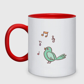 Кружка двухцветная с принтом птичка зеленая поет в Новосибирске, керамика | объем — 330 мл, диаметр — 80 мм. Цветная ручка и кайма сверху, в некоторых цветах — вся внутренняя часть | Тематика изображения на принте: весна | зеленый птенчик | мелодия | музыка | ноты | оратор | певец | певица | пение | песня | птенец | птица | птичка | птичужка | радость | рисунок | чив | чирик