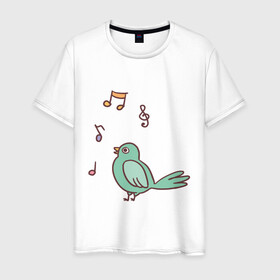 Мужская футболка хлопок с принтом птичка зеленая поет в Новосибирске, 100% хлопок | прямой крой, круглый вырез горловины, длина до линии бедер, слегка спущенное плечо. | Тематика изображения на принте: весна | зеленый птенчик | мелодия | музыка | ноты | оратор | певец | певица | пение | песня | птенец | птица | птичка | птичужка | радость | рисунок | чив | чирик