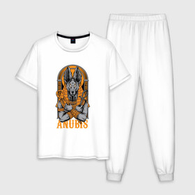 Мужская пижама хлопок с принтом Анубис божество в Новосибирске, 100% хлопок | брюки и футболка прямого кроя, без карманов, на брюках мягкая резинка на поясе и по низу штанин
 | анубис | бог | божество | древнеегипетский | египет | инпу | мифология | шакал