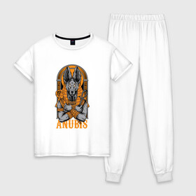Женская пижама хлопок с принтом Анубис божество в Новосибирске, 100% хлопок | брюки и футболка прямого кроя, без карманов, на брюках мягкая резинка на поясе и по низу штанин | Тематика изображения на принте: анубис | бог | божество | древнеегипетский | египет | инпу | мифология | шакал