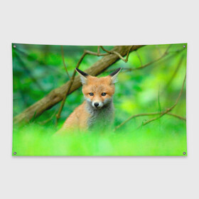 Флаг-баннер с принтом Лисенок в зеленом лесу в Новосибирске, 100% полиэстер | размер 67 х 109 см, плотность ткани — 95 г/м2; по краям флага есть четыре люверса для крепления | fox | foxy | животное | звери | лиса | лисенок | лисичка | милая | рыжая | фокс