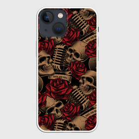 Чехол для iPhone 13 mini с принтом Черепа Рок н ролл в Новосибирске,  |  | rock and roll | rock n roll | skull | бита | микрофон | роза | рок н ролл | хипстер | череп | черепушка