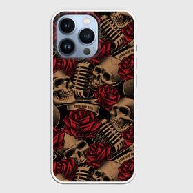 Чехол для iPhone 13 Pro с принтом Черепа Рок н ролл в Новосибирске,  |  | rock and roll | rock n roll | skull | бита | микрофон | роза | рок н ролл | хипстер | череп | черепушка