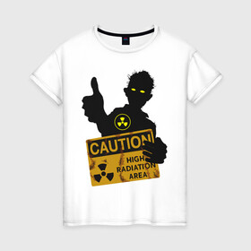 Женская футболка хлопок с принтом зомби с табличкой в Новосибирске, 100% хлопок | прямой крой, круглый вырез горловины, длина до линии бедер, слегка спущенное плечо | зомби | лайк зомби | предупреждение | радиация | экология