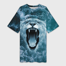 Платье-футболка 3D с принтом Львица в бушующих волнах в Новосибирске,  |  | Тематика изображения на принте: волны | крупная кошка | лев | львица | море | океан