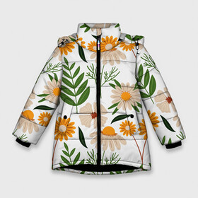 Зимняя куртка для девочек 3D с принтом Цветы и листья в Новосибирске, ткань верха — 100% полиэстер; подклад — 100% полиэстер, утеплитель — 100% полиэстер. | длина ниже бедра, удлиненная спинка, воротник стойка и отстегивающийся капюшон. Есть боковые карманы с листочкой на кнопках, утяжки по низу изделия и внутренний карман на молнии. 

Предусмотрены светоотражающий принт на спинке, радужный светоотражающий элемент на пуллере молнии и на резинке для утяжки. | листья | полевые цветы | ромашки | текстуры | узор | цветы | цветы и листья