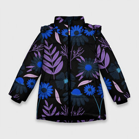 Зимняя куртка для девочек 3D с принтом Цветы и листья в Новосибирске, ткань верха — 100% полиэстер; подклад — 100% полиэстер, утеплитель — 100% полиэстер. | длина ниже бедра, удлиненная спинка, воротник стойка и отстегивающийся капюшон. Есть боковые карманы с листочкой на кнопках, утяжки по низу изделия и внутренний карман на молнии. 

Предусмотрены светоотражающий принт на спинке, радужный светоотражающий элемент на пуллере молнии и на резинке для утяжки. | васильки | листья | полевые цветы | ромашки | текстуры | узор | фиолетовые листья | цветы | цветы и листья