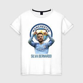 Женская футболка хлопок с принтом Silva Bernardo Манчестер Сити в Новосибирске, 100% хлопок | прямой крой, круглый вырез горловины, длина до линии бедер, слегка спущенное плечо | manchester city | бернарду силва | манчестер сити | сборная португалии | футбол | футболист
