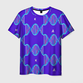 Мужская футболка 3D с принтом Молекула ДНК в Новосибирске, 100% полиэфир | прямой крой, круглый вырез горловины, длина до линии бедер | биология | буквы | днк | молекула | науки | синий | химия