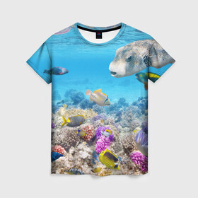Женская футболка 3D с принтом Морской мир в Новосибирске, 100% полиэфир ( синтетическое хлопкоподобное полотно) | прямой крой, круглый вырез горловины, длина до линии бедер | вода | море | морская вода | морские животные | морские жители | морской мир | океан | рыбки | рыбы