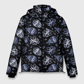 Мужская зимняя куртка 3D с принтом Раковины и звезды в Новосибирске, верх — 100% полиэстер; подкладка — 100% полиэстер; утеплитель — 100% полиэстер | длина ниже бедра, свободный силуэт Оверсайз. Есть воротник-стойка, отстегивающийся капюшон и ветрозащитная планка. 

Боковые карманы с листочкой на кнопках и внутренний карман на молнии. | звезды | море | морские | паттерны | пузыри | раковины