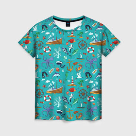 Женская футболка 3D с принтом Морские обитатели в Новосибирске, 100% полиэфир ( синтетическое хлопкоподобное полотно) | прямой крой, круглый вырез горловины, длина до линии бедер | корабль | море | морские обитатели | осьминоги | пальмы | паттерны | рыбы | чайки | якорь | яхты