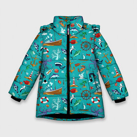 Зимняя куртка для девочек 3D с принтом Морские обитатели в Новосибирске, ткань верха — 100% полиэстер; подклад — 100% полиэстер, утеплитель — 100% полиэстер. | длина ниже бедра, удлиненная спинка, воротник стойка и отстегивающийся капюшон. Есть боковые карманы с листочкой на кнопках, утяжки по низу изделия и внутренний карман на молнии. 

Предусмотрены светоотражающий принт на спинке, радужный светоотражающий элемент на пуллере молнии и на резинке для утяжки. | корабль | море | морские обитатели | осьминоги | пальмы | паттерны | рыбы | чайки | якорь | яхты