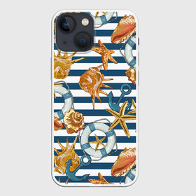 Чехол для iPhone 13 mini с принтом Тельняшка в Новосибирске,  |  | звезды | море | морские | паттерны | ракушки | рапаны | тельняшка | якоря