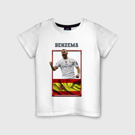 Детская футболка хлопок с принтом Карим Бензема (Реал Мадрид) в Новосибирске, 100% хлопок | круглый вырез горловины, полуприлегающий силуэт, длина до линии бедер | Тематика изображения на принте: karim benzema | карим бензема | реал мадрид | флаг испании | футболист | футбольная форма
