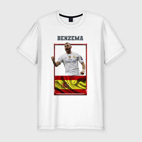 Мужская футболка хлопок Slim с принтом Карим Бензема (Реал Мадрид) в Новосибирске, 92% хлопок, 8% лайкра | приталенный силуэт, круглый вырез ворота, длина до линии бедра, короткий рукав | karim benzema | карим бензема | реал мадрид | флаг испании | футболист | футбольная форма