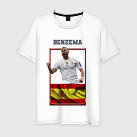 Мужская футболка хлопок с принтом Карим Бензема (Реал Мадрид) в Новосибирске, 100% хлопок | прямой крой, круглый вырез горловины, длина до линии бедер, слегка спущенное плечо. | karim benzema | карим бензема | реал мадрид | флаг испании | футболист | футбольная форма