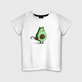 Детская футболка хлопок с принтом Авокадо кот идет на работу в Новосибирске, 100% хлопок | круглый вырез горловины, полуприлегающий силуэт, длина до линии бедер | Тематика изображения на принте: avocado | cat | авокадо | кот | рисунок