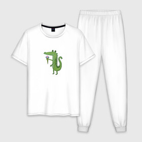 Мужская пижама хлопок с принтом Крокодильчик с мороженным в Новосибирске, 100% хлопок | брюки и футболка прямого кроя, без карманов, на брюках мягкая резинка на поясе и по низу штанин
 | Тематика изображения на принте: детский | крокодил | крокодильчик | лето | мультфильм | персонаж