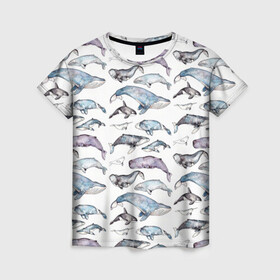 Женская футболка 3D с принтом киты паттерн в Новосибирске, 100% полиэфир ( синтетическое хлопкоподобное полотно) | прямой крой, круглый вырез горловины, длина до линии бедер | Тематика изображения на принте: ocean | sea | sea animal | акварель | графика | касатка | киты | море | океан | рисунок кита