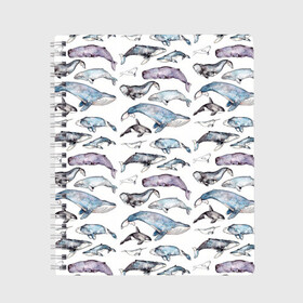 Тетрадь с принтом киты паттерн в Новосибирске, 100% бумага | 48 листов, плотность листов — 60 г/м2, плотность картонной обложки — 250 г/м2. Листы скреплены сбоку удобной пружинной спиралью. Уголки страниц и обложки скругленные. Цвет линий — светло-серый
 | Тематика изображения на принте: ocean | sea | sea animal | акварель | графика | касатка | киты | море | океан | рисунок кита