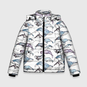 Зимняя куртка для мальчиков 3D с принтом киты паттерн в Новосибирске, ткань верха — 100% полиэстер; подклад — 100% полиэстер, утеплитель — 100% полиэстер | длина ниже бедра, удлиненная спинка, воротник стойка и отстегивающийся капюшон. Есть боковые карманы с листочкой на кнопках, утяжки по низу изделия и внутренний карман на молнии. 

Предусмотрены светоотражающий принт на спинке, радужный светоотражающий элемент на пуллере молнии и на резинке для утяжки | ocean | sea | sea animal | акварель | графика | касатка | киты | море | океан | рисунок кита