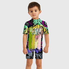 Детский купальный костюм 3D с принтом АЛОХА ГАВАЙИ | ALOHA HAWAII в Новосибирске, Полиэстер 85%, Спандекс 15% | застежка на молнии на спине | aloha | hawaii | гаваи | гаваии | гавайи | доски | лето | море | паттерн | серфинг | текстура | цветы
