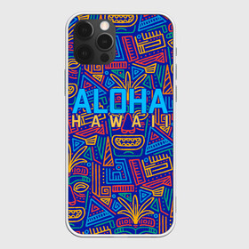 Чехол для iPhone 12 Pro с принтом ALOHA HAWAII | АЛОХА ГАВАЙИ в Новосибирске, силикон | область печати: задняя сторона чехла, без боковых панелей | aloha | aloha hawaii | hawaii | гаваи | гавайи | гавайские маски | индийские маски | маска тики | маски | маски тики | надпись | пальмы | синий | тики