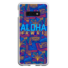 Чехол для Samsung S10E с принтом ALOHA HAWAII | АЛОХА ГАВАЙИ в Новосибирске, Силикон | Область печати: задняя сторона чехла, без боковых панелей | aloha | aloha hawaii | hawaii | гаваи | гавайи | гавайские маски | индийские маски | маска тики | маски | маски тики | надпись | пальмы | синий | тики